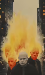 a man with glowing yellow and orange smoke coming out of his face as part of a piece of art that looks like people wearing