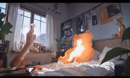 a woman is eating something off of a toaster in the middle of bed