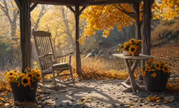 a bench and two chairs in a gazebo with flowers