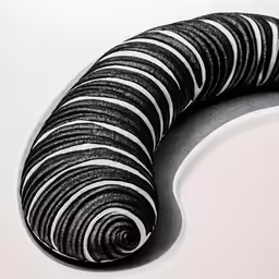 a curled up black and white striped object