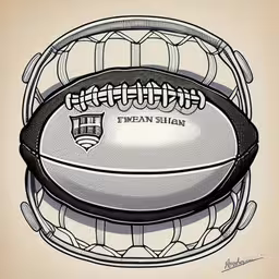 the football has a trophy beside it,an image of a football graphic with a ball in it,drawing of a football sitting in a cage,a drawing of a football with the word team shinn printed on it,a drawing of an american football on display