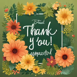 flowers surrounding a chalkboard that says thank you,thank you illustrated with orange and yellow flowers