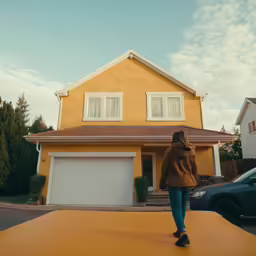 a woman walking through the road near her house