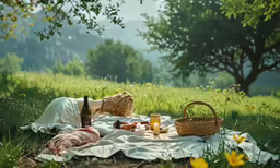 the woman laying in the grass near the basket has two bottles of wine and cheese on it
