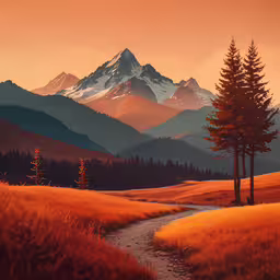 there is a beautiful mountain with a stream in it,the beautiful scenery of the mountains is orange and green