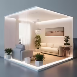 a home office with a white couch, green plants and chairs