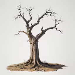 a barren tree in front of a white sky