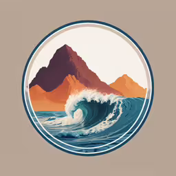 a picture of a mountain over the water,a picture of a wave that is in the water