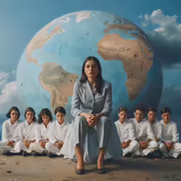a woman sits in front of a group of children in front of a globe