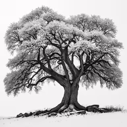 black and white photo of an old tree