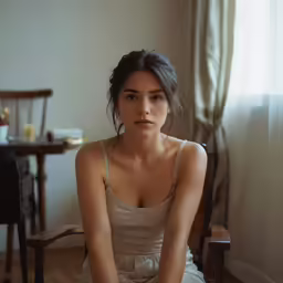 a woman in a dress sitting on a chair near a table