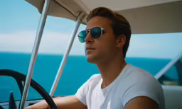 the man is driving a boat and looking out over the water