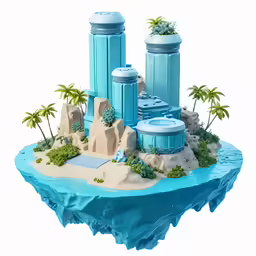 a blue model island that has water and some rocks