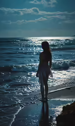 a woman in white is on the beach with the ocean behind her