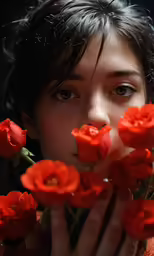 a woman holding flowers in her face