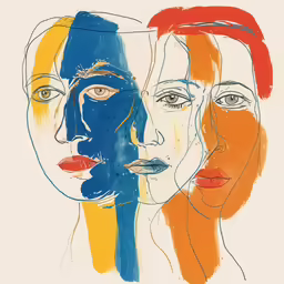 three colored faces that have been drawn by a drawing pencil