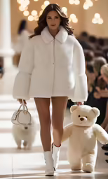a model is on the runway wearing a white teddy bear