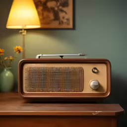 a small brown radio on top of a wooden dresser