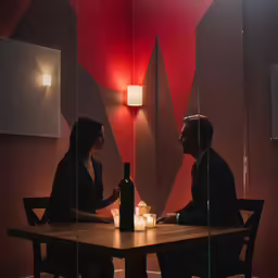 the man and woman are sitting at a table