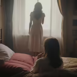 a woman standing next to a bed in a bedroom