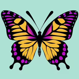 colorful butterfly flying on light blue background,a very pretty yellow butterfly with pink and purple wings