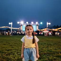 girl in yellow shirt and blue shorts standing on grass at night