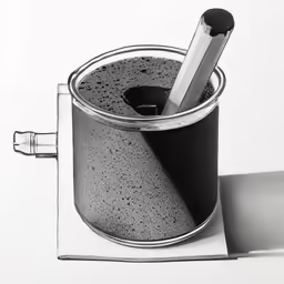 a drawing of a spoon and liquid sitting in a small glass container