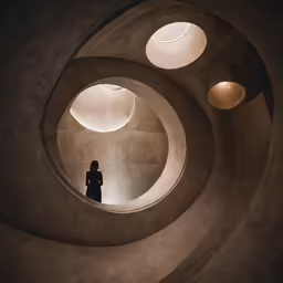 a woman is standing in the middle of a spiral concrete structure