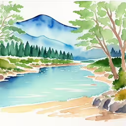 watercolo with an image of mountains, trees and a stream