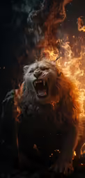 the lion is roaring in flame as it appears to be on fire