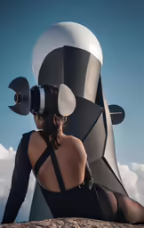 woman in black bodysuit sitting against sculpture