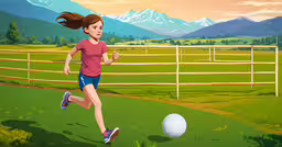 a painting of a girl running toward a soccer ball,girl running towards soccer ball with mountains and clouds in the background
