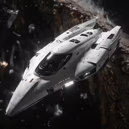 a white ship flying through a very dark sky