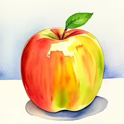 a painting of an apple that has a leaf on it,an apple with green leaf is painted in pastel colors