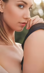 a beautiful woman in a dress posing with her arm around her neck