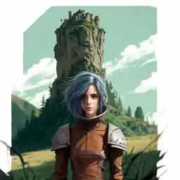 an animated female with blue hair is in front of a castle
