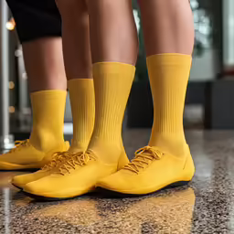 feet in yellow socks stand on a table