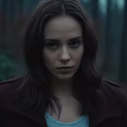 a woman with long hair and blue eyes stares into the camera