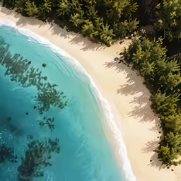 an aerial view of a secluded beach area with a forested area