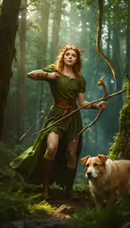 a woman in a green costume and a dog,a woman with long hair in a green dress holding a bow and arrows while a brown dog looks at her