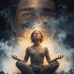 a woman in the sky with her eyes open as she meditates