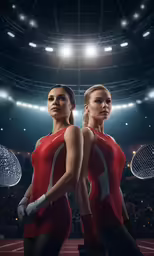two women in red uniforms standing near an audience