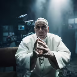 a man with a white pope robes sitting down