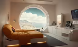 a very large round window that has a bright orange bed