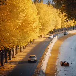 cars on the road surrounded by some trees