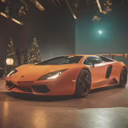 the orange lambi is parked in front of christmas lights