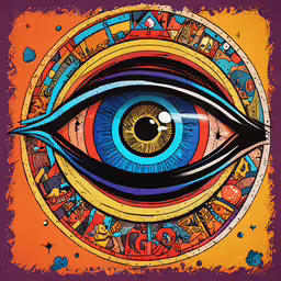 an illustration of a colorful eye with many symbols around it,a colorful painting of an eye with bright blue iris