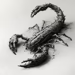black and white photograph of a scorpion on a surface