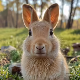 a baby bunny sitting in the grass in a park