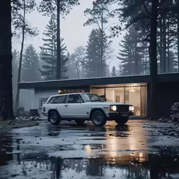 a man is standing in the driveway while the car sits next to him